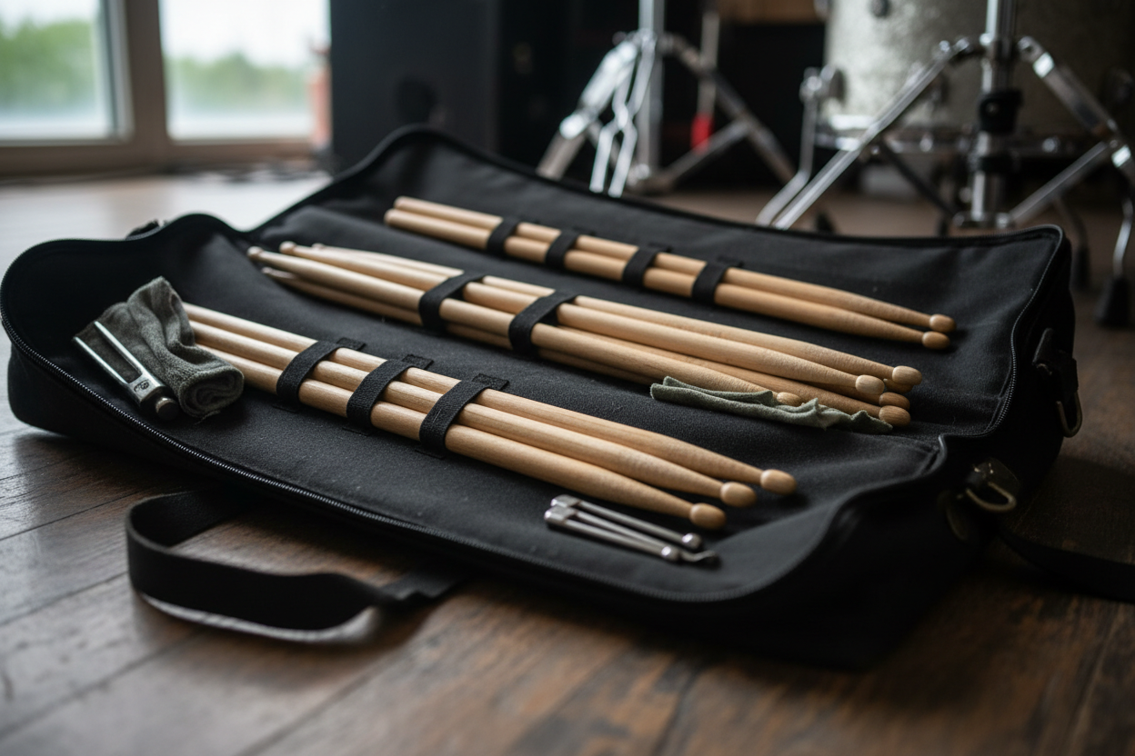 drumstsicks in a drummer bag
